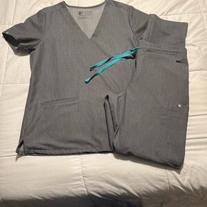 Figs Heather Gray Scrub Set with Teal Tie